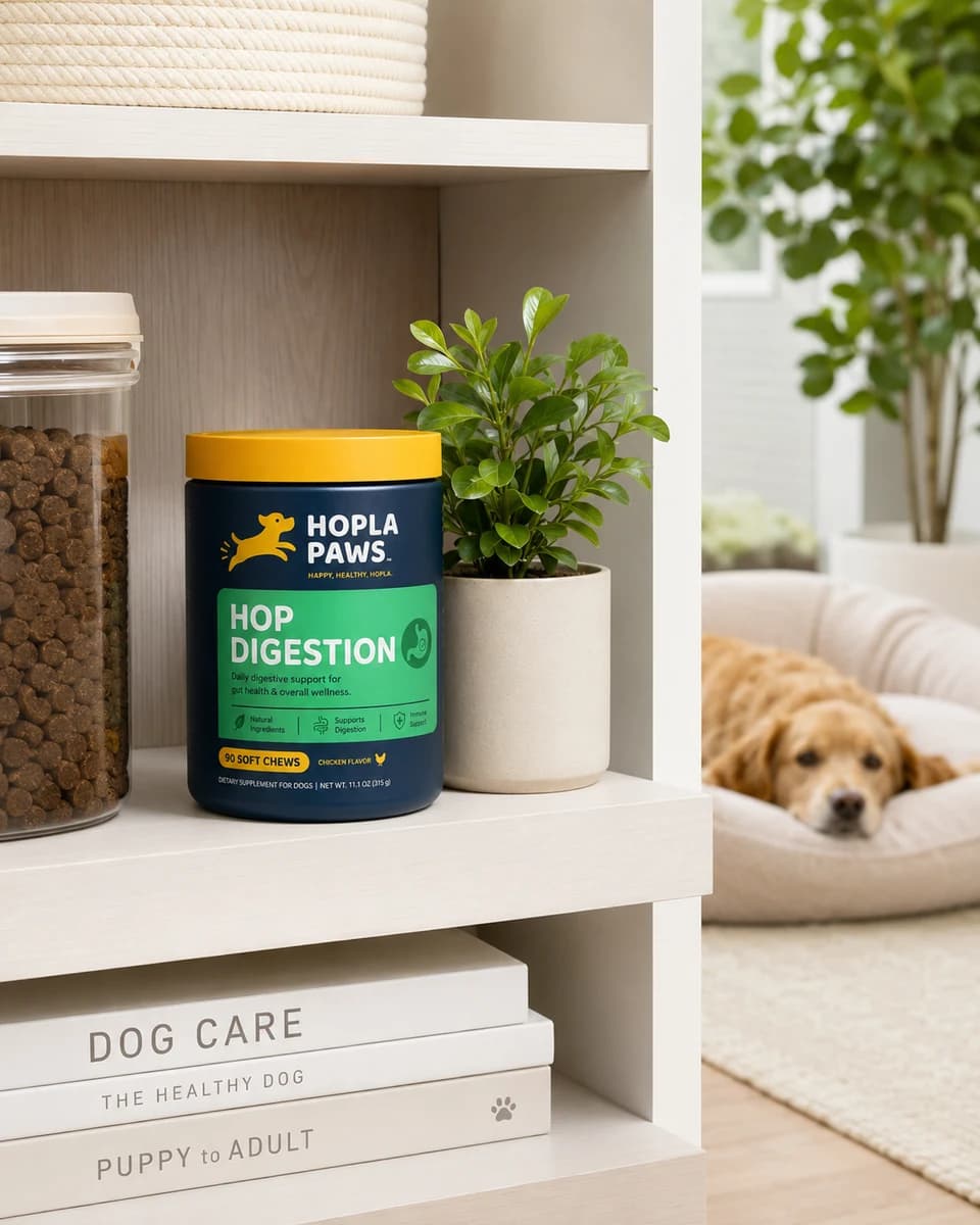 Un pot Hopla Paws rangé sur une étagère, numéro de lot sous le pot