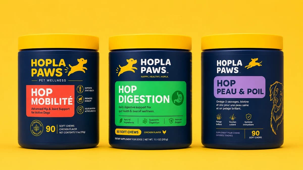 La gamme Hopla Paws : HOP MOBILITÉ, HOP DIGESTION et HOP PEAU & POIL