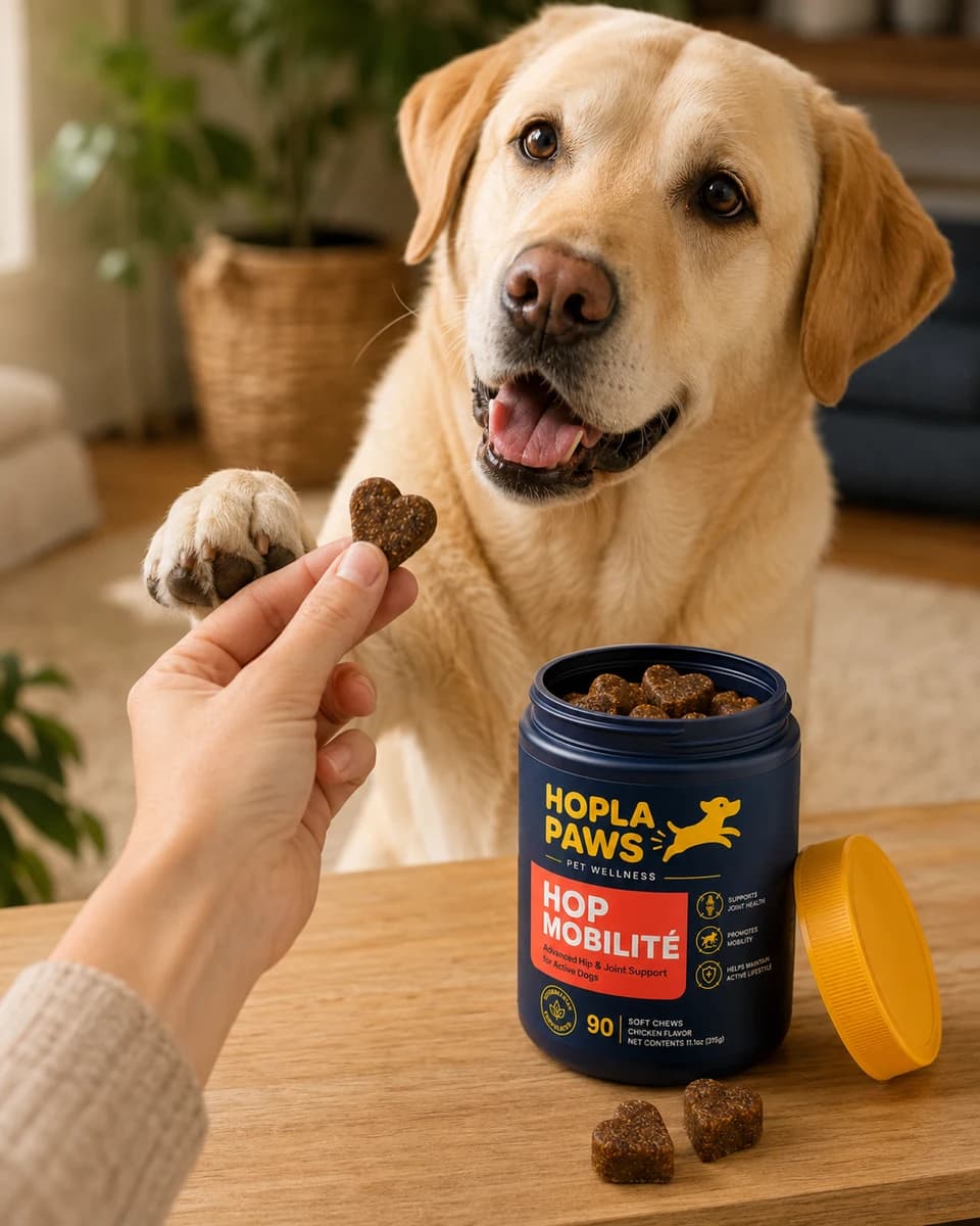 Un chien reçoit son soft chew de la main de son maître