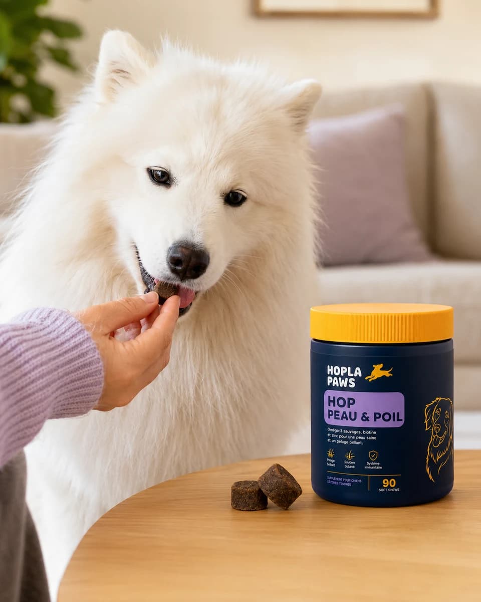 Un chien reçoit un échantillon de soft chew en consultation